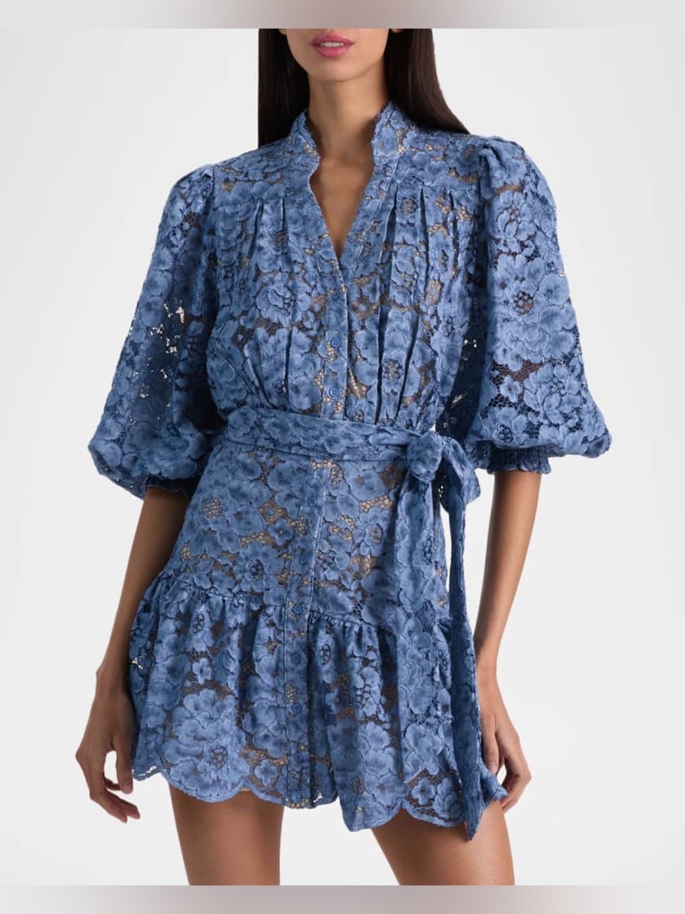 Alice + Olivia Blue Cora Voluminous Floral Lace Tie-Waist Shirt Dress